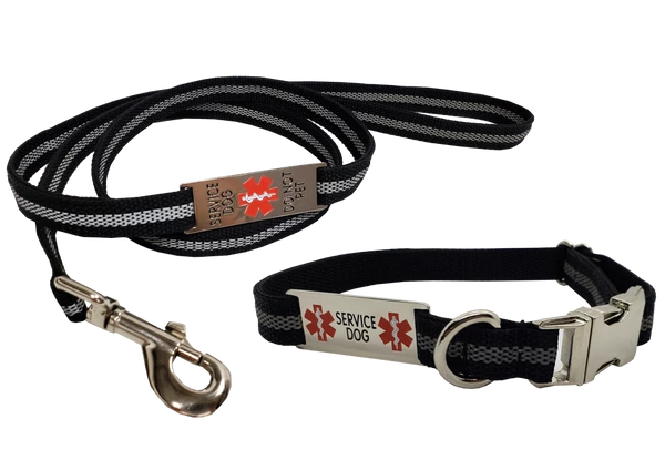 Reflective Service Dog 5' Leash & Collar W/Chrome Service Dog ID Tag