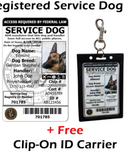Registered Service Dog ID Card + Clip-On ID Carrier + Free Digital Copy