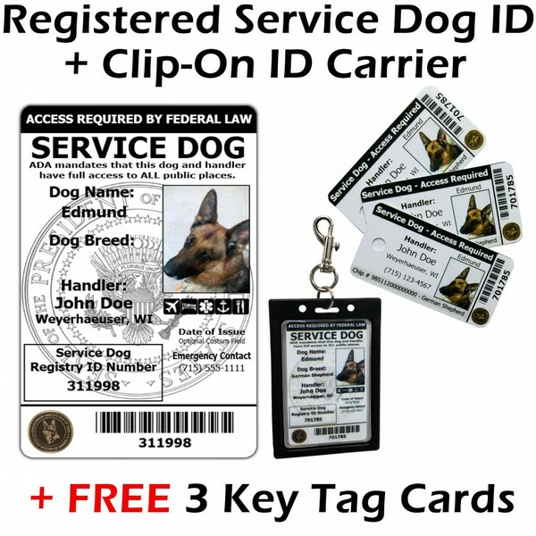 ActiveDogs Registered Service Dog ID Card + 3 Key Tag Cards + Clip-On Carrier + Free Digital Copy